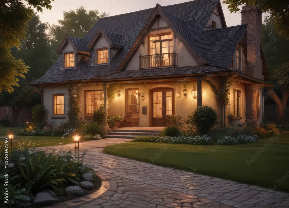 Warm evening light illuminates a charming house, showcasing lush landscaping and inviting interior glow , architecture, scene, atmosphere Warm evening light illuminates a charming house, showcasing lush landscaping and inviting interior glow , architecture, scene, atmosphere