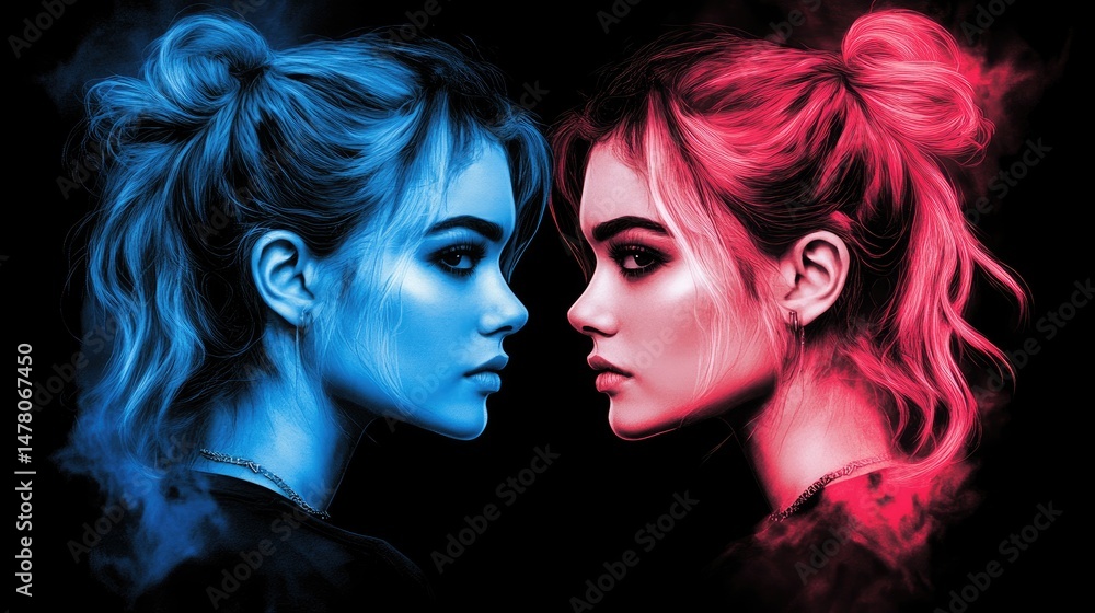 Two contrasting female faces in vibrant colors. Two contrasting female faces in vibrant colors.