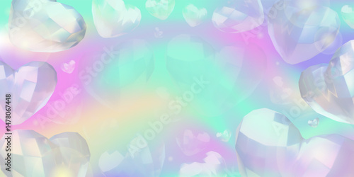3D glass hearts on colorful gradient, vector abstract background realistic transparent iridescent gem stones love symbol