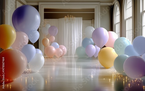 Colorful Balloons Create a Festive Atmosphere in an Elegant Indoor Space