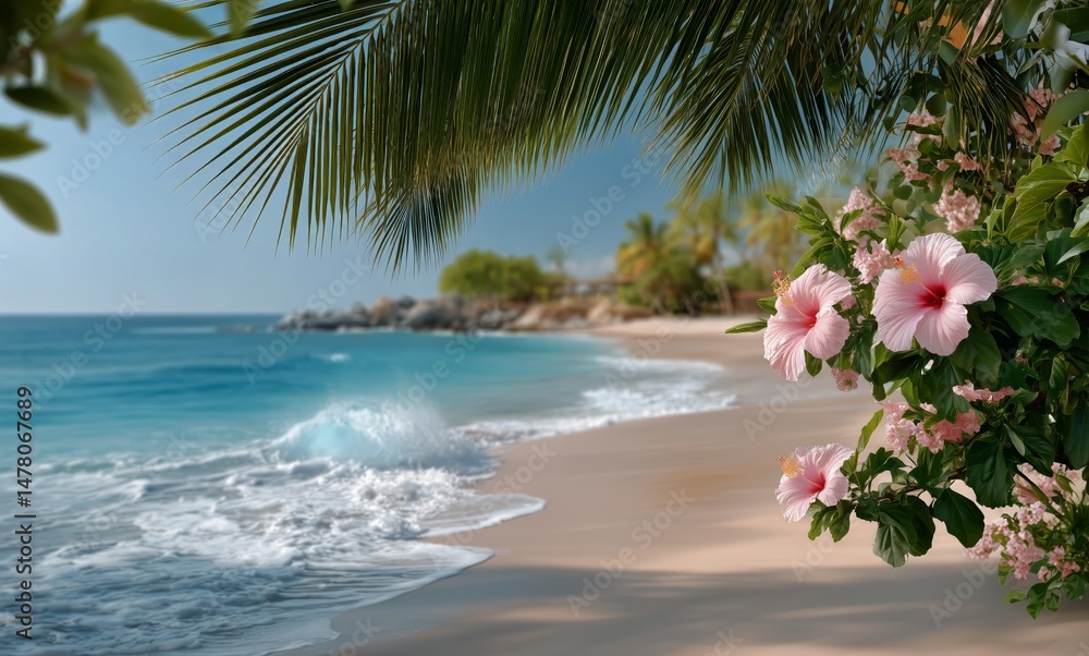 Tropical Beach With Waves and Pink Hibiscus Flowers Under Sunlight
