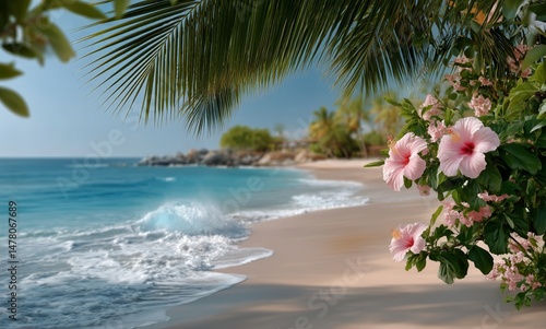 Obraz na płótnie Tropical Beach With Waves and Pink Hibiscus Flowers Under Sunlight w salonie