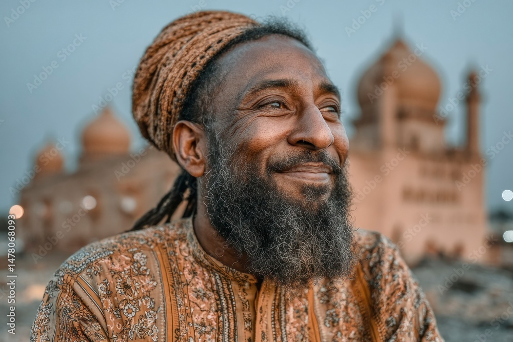 A smiling individual with a beard and traditional attire set against an architectural backdrop A smiling individual with a beard and traditional attire set against an architectural backdrop