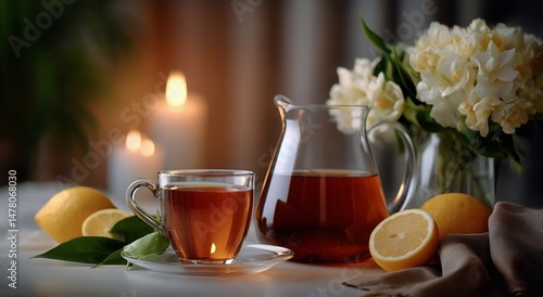 Warm Tea With Lemon and Flowers in a Cozy Setting During Evening