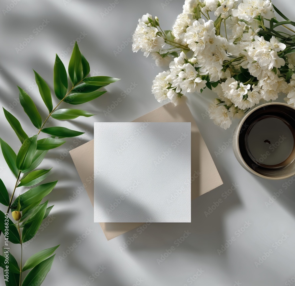 Elegant Arrangement of Foliage, a Blank Card, and a Drink on a Soft Surface During a Bright Afternoon