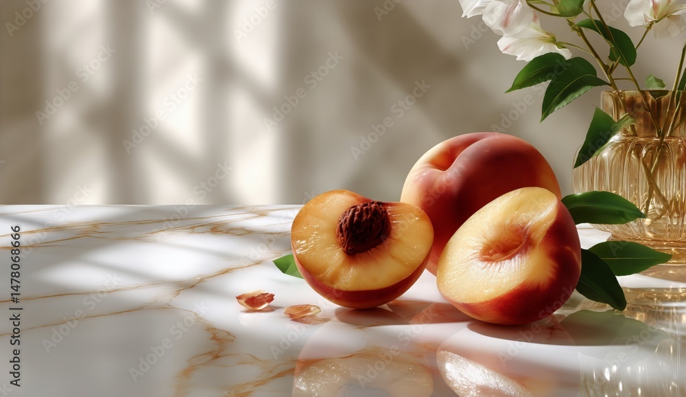 Fresh Peaches Sliced on a Marble Table With a Vase of Flowers in Soft Natural Light