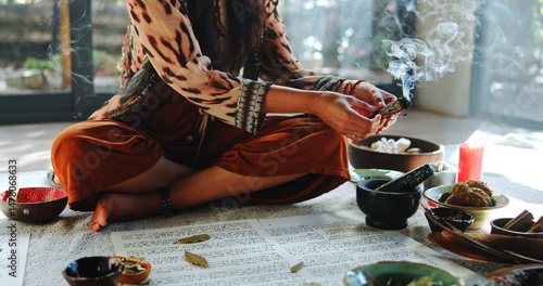 Healing, smoke and holistic with hands of woman for spiritual retreat, self care ritual and burning herbs. Naturopath, mindfulness and smudge ceremony with closeup of person for aura cleanse