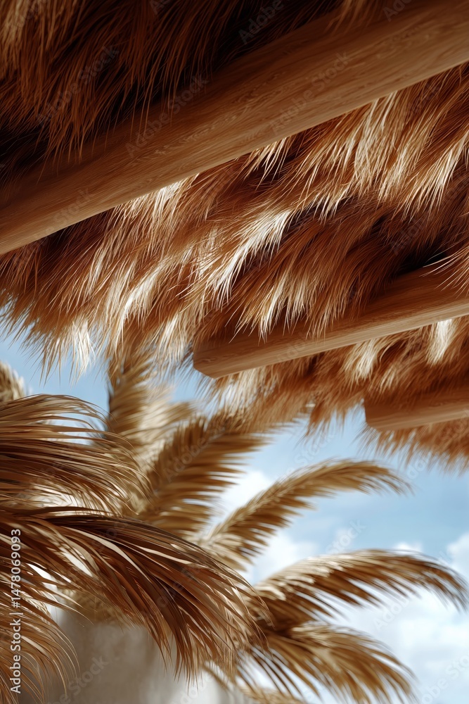 Palm Fronds Sway Gently Beneath a Thatched Roof in Bright Daylight Near a Coastal Area