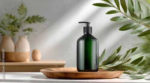 Elegant Dark Green Bottle Placed on Wooden Tray With Fresh Leaves and Soft Fa...