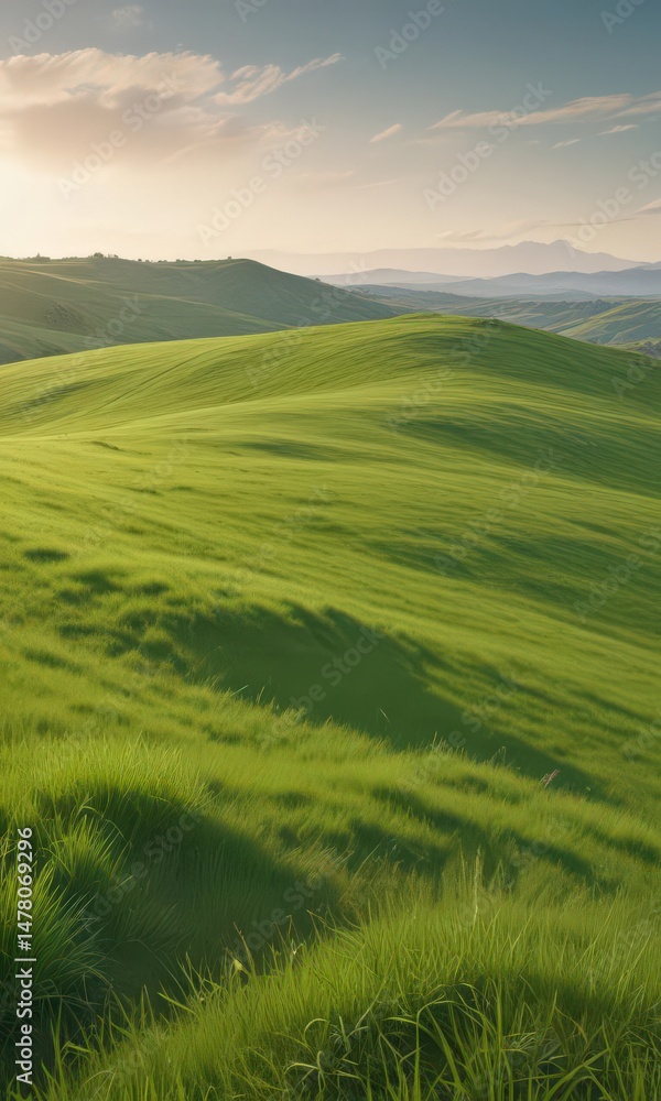 Gentle slope of vibrant green grass, sunlit hilltop , field, environment, background Gentle slope of vibrant green grass, sunlit hilltop , field, environment, background