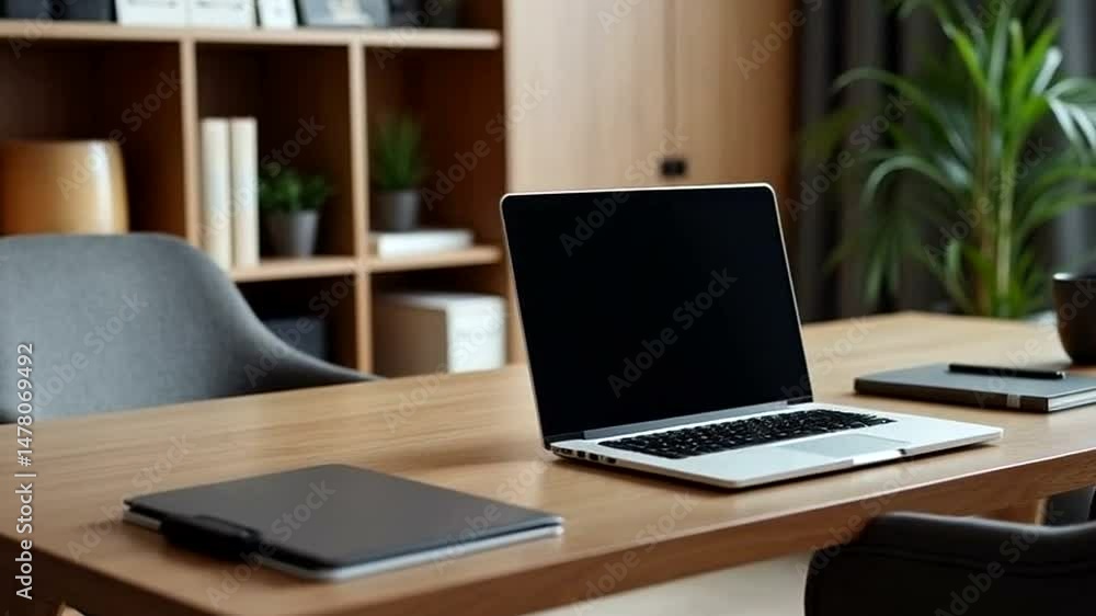 Modern workspace with laptop on wooden desk Modern workspace with laptop on wooden desk