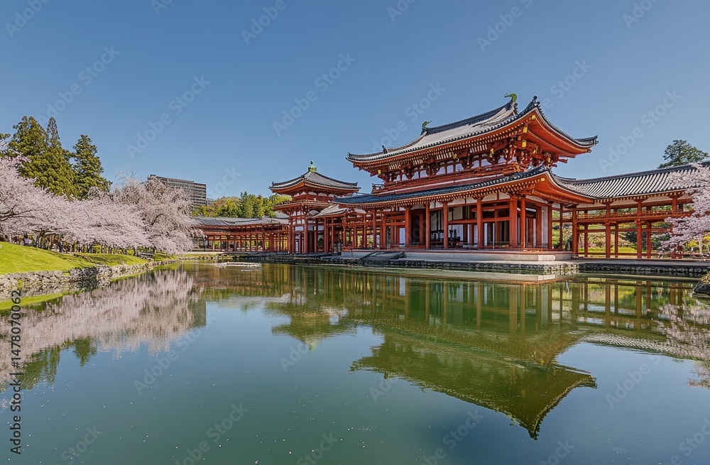 A Japanese garden's calm lake reflects cherry blossoms in the spring season A Japanese garden's calm lake reflects cherry blossoms in the spring season