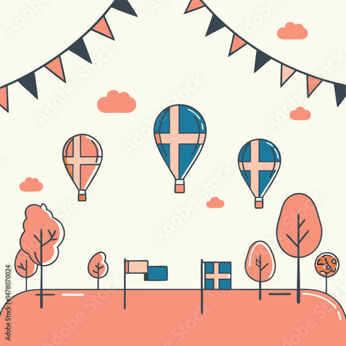 Playful illustration depicting floating hot air balloons with flags and decorative elements in nature