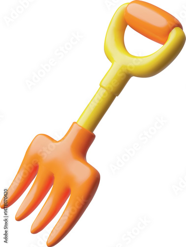 Pitchfork 3D plastic style cartoon vector icon, gardening cultivate equipment with wooden handle, volume farming fork