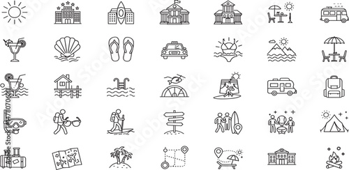 Summer Vacation Editable Icons set. Vector illustration in modern thin line style of travel related icons: sea, surfing, beach, hotel, and more. 