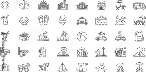 Summer Vacation Editable Icons set. Vector illustration in modern thin line style of travel related icons: sea, surfing, beach, hotel, and more. 