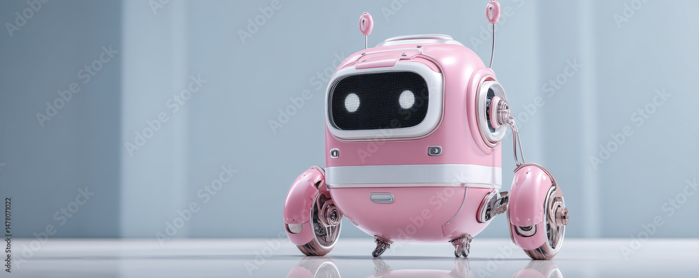 Fototapeta premium A cute pink robot on wheels with a friendly expression in a modern setting.
