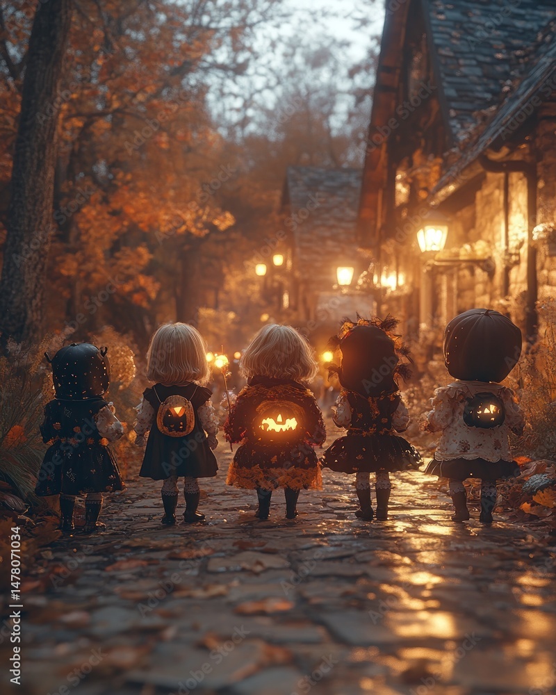 Autumnal Halloween parade of miniature figures. Tiny figures in costumes, walking down a cobblestone path lit by warm lights Autumnal Halloween parade of miniature figures. Tiny figures in costumes, walking down a cobblestone path lit by warm lights