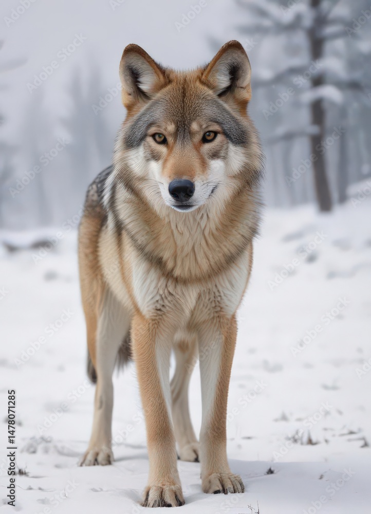 Naklejka premium Eurasian wolf, snow-covered landscape, winter fur , animal, silhouette, wildlife