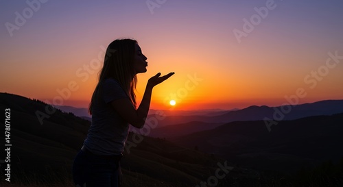 Woman Blowing Kiss to Sun at Sunset