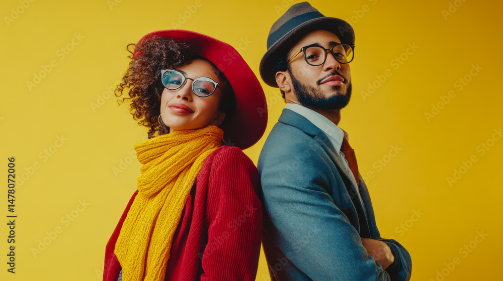 Obraz premium Trendy couple in red and mustard winter fashion with cool attitude