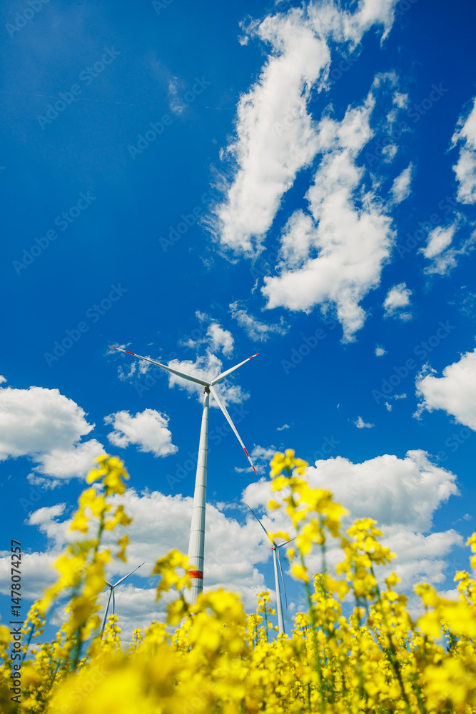 In a field of vibrant yellow flowers swaying in the breeze, massive wind turbines rise against a clear blue sky, showcasing a stunning rural landscape that emphasizes natures beauty and harmony