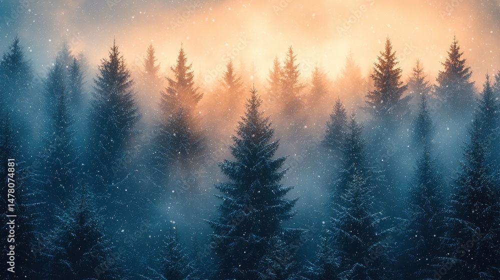 Misty forest landscape at dawn with snowflakes falling softly among trees Misty forest landscape at dawn with snowflakes falling softly among trees