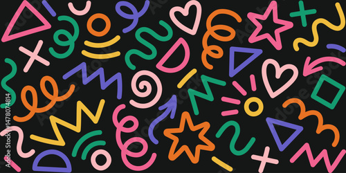 Modern basic shapes set: star, arrow, triangle, circle, heart, zigzag, spiral, wavy lines. Trendy Memphis geometric pattern. Cool abstract background in retro 80s, 90s style. Cute kid doodle design.	
