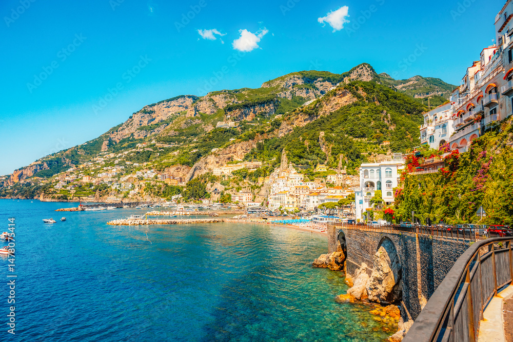 Atrani famous coastline in southern Italy, vertiginous cliffs adorned with colorful villages, turquoise waters. Small town Atrani on Amalfi Coast in province of Salerno, Campania region, Italy