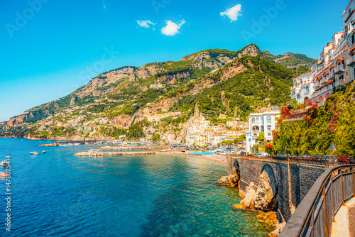 Obraz na płótnie Atrani famous coastline in southern Italy, vertiginous cliffs adorned with colorful villages, turquoise waters. Small town Atrani on Amalfi Coast in province of Salerno, Campania region, Italy w salonie