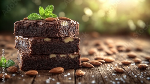Wallpaper Mural Decadent chocolate brownies stacked high, adorned with almonds and fresh mint Torontodigital.ca