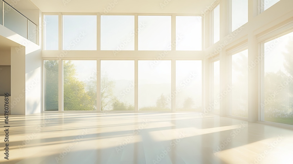 Fototapeta premium A spacious, modern room filled with natural light from a large window. 