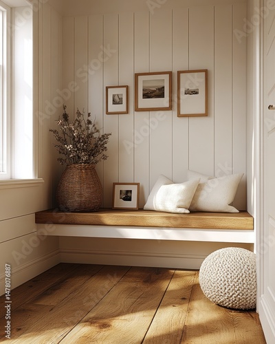 Cozy corner nook with bench seating and natural elements