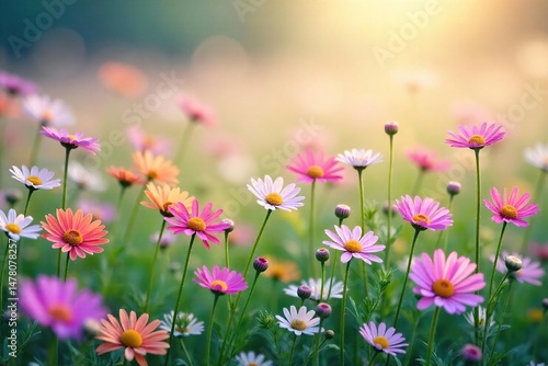 Field of wildflowers in dreamy haze, dew drops glisten, pastel colors abound ,  dreamy, wildflowers