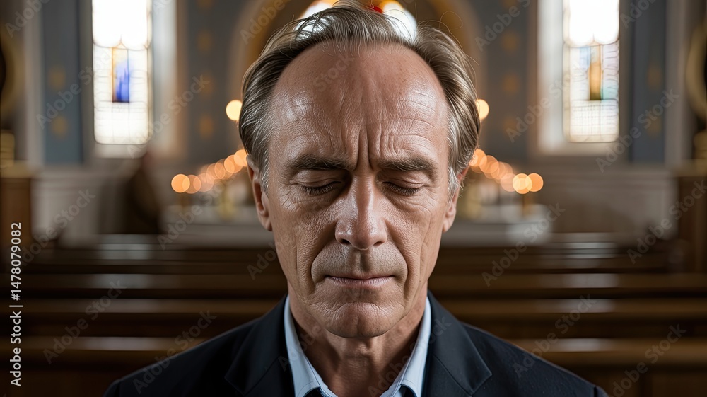 Naklejka premium Close-Up of an American Man Praying in Church with Focus on His Face, No Hands Visible, Contemplative Moment of Faith