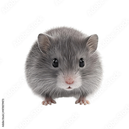 A curious, adorable hamster with soft gray fur, big black eyes, and an inquisitive expression. This cute rodent exudes warmth.