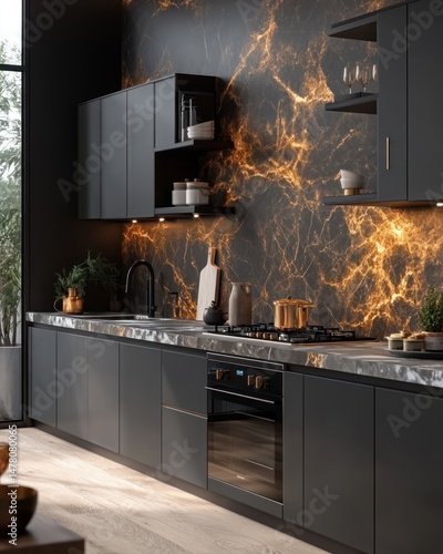 Modern, dark kitchen with gold marble backsplash