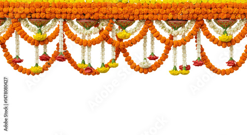 Indian Traditional flower decoration, Indian festival garland, toran isolated on transparent background, PNG 
