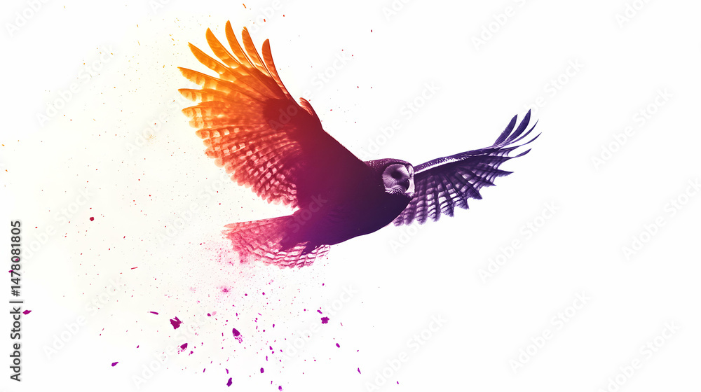 Fototapeta premium Abstract Owl in Flight with Splatter Effect on White Background Imagery