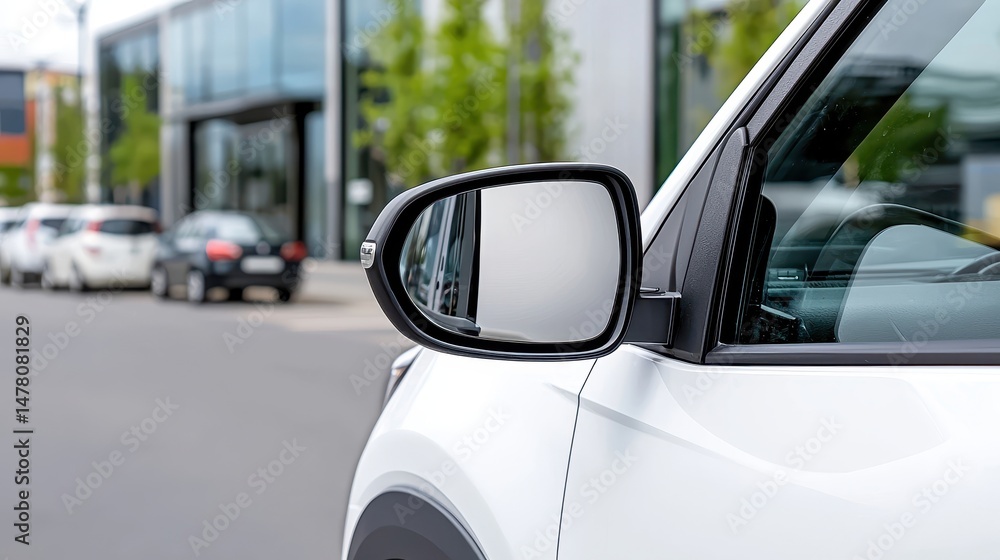 Fototapeta premium White Car Side Mirror Reflecting Blurred City Background