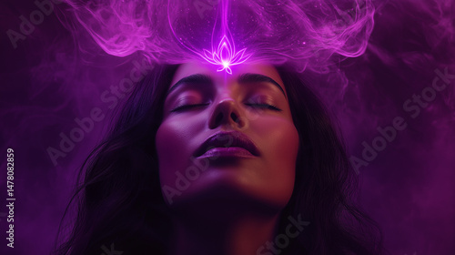 spiritual woman with purple lotus flower on her forehead. transcendence and connection to the universe with purple stream of consciousness. seventh chakra crown chakra activation. purple background