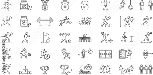 Athletic Sports Line Editable Icons set. Vector illustration in modern thin line style of summer sports activities related icons: gym exercises, football, swimming, gymnastics, and more.