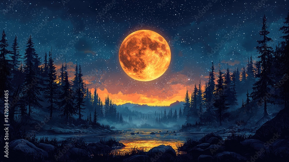 Naklejka premium Majestic full moon rising over a tranquil forest landscape at dusk