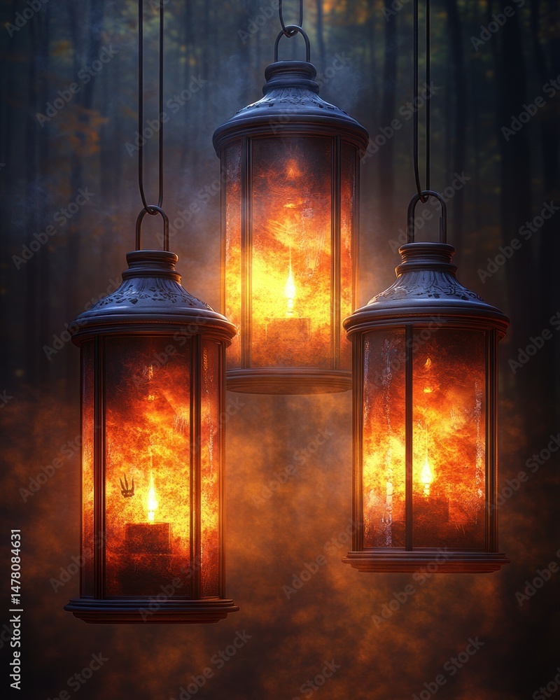 Mystical lanterns in a foggy forest Mystical lanterns in a foggy forest