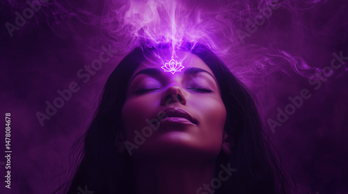 spiritual woman with purple lotus flower on her forehead. transcendence and connection to the universe with purple stream of consciousness. seventh chakra crown chakra activation. purple background