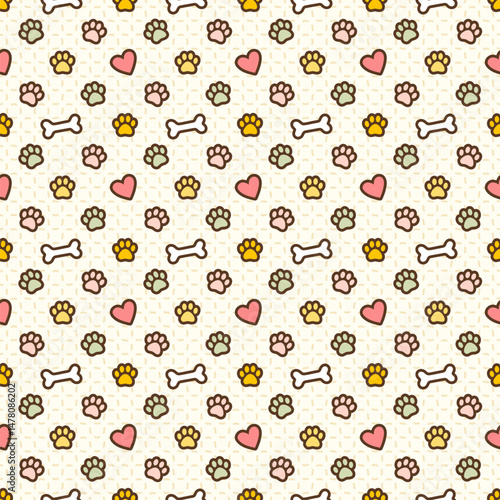 Cheerful pet care concept seamless vector pattern, colorful pet-themed symbols paws, bones, hearts. Ideal for pet products, wrapping paper, textiles, or digital backgrounds with a fun and loving vibe