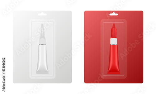 Super glue tube in a package with transparent window and hanging hole. Realistic mockup. Cyanoacrylate glue. Pin point nozzle	