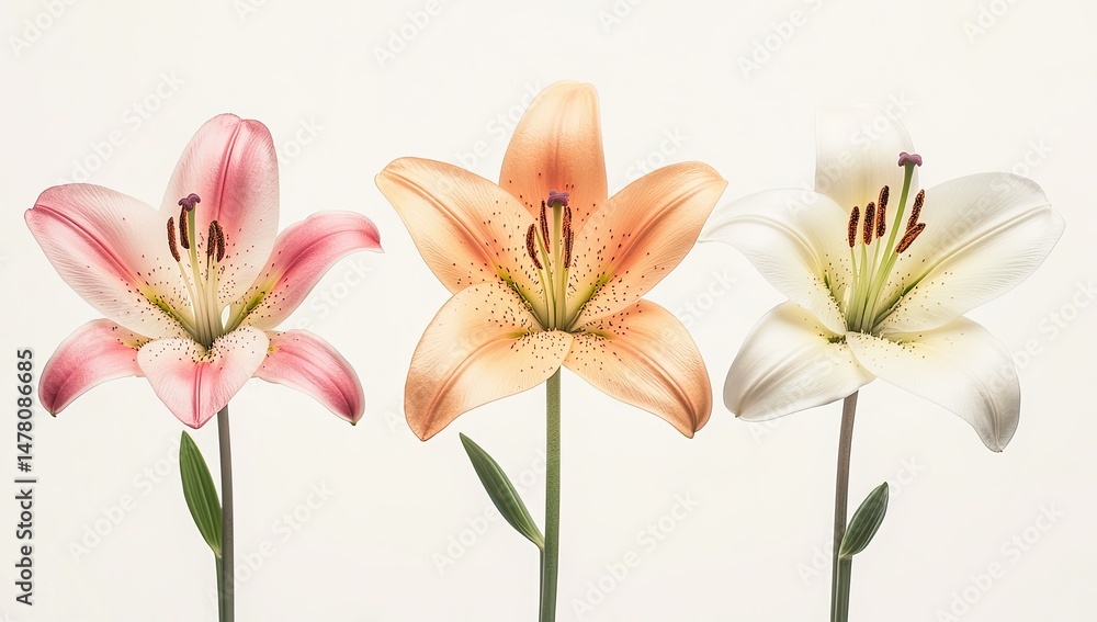 Fototapeta premium Three Lilies with Pink, Peach, and White.