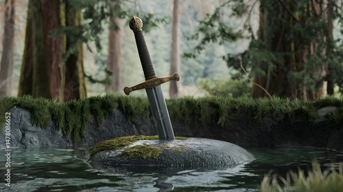 The legendary sword of Excalibur embedded in the stone, surrounded by mystical water in a forest setting. The image evokes a sense of power and mystery.