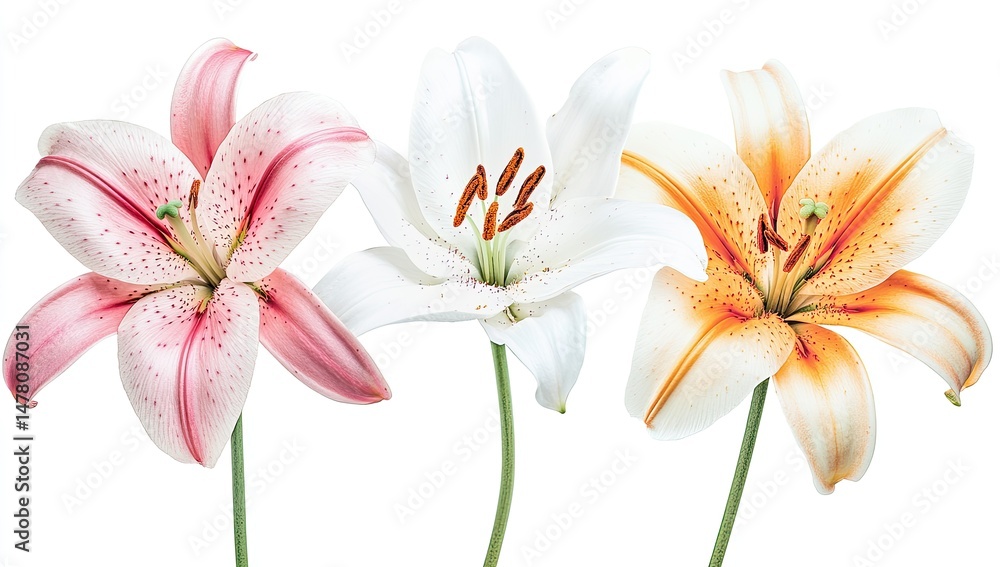 Obraz premium Three Lilies with Pink, White, and Orange.